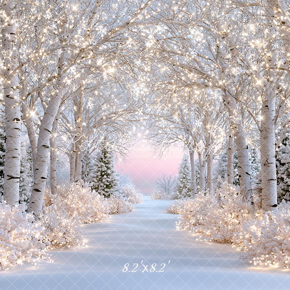 Kate Winter Wonderland Snowy Birch Forest Lights Path Printed Backdrop Designed by Angela Miller