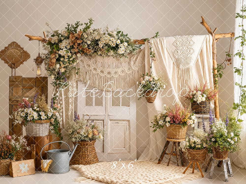 Kate Boho Flower Arch Macrame Wicker Baskets Neutral Backdrop Designed by Emetselch
