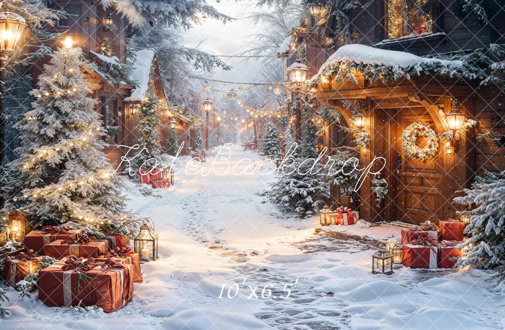 Kate Christmas Snowy Village Pine Trees Gifts Lanterns Backdrop Designed by Emetselch