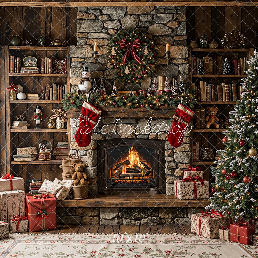 Kate Christmas Fireplace Stone Wall Bookshelves Tree Wooden Backdrop Designed by Emetselch