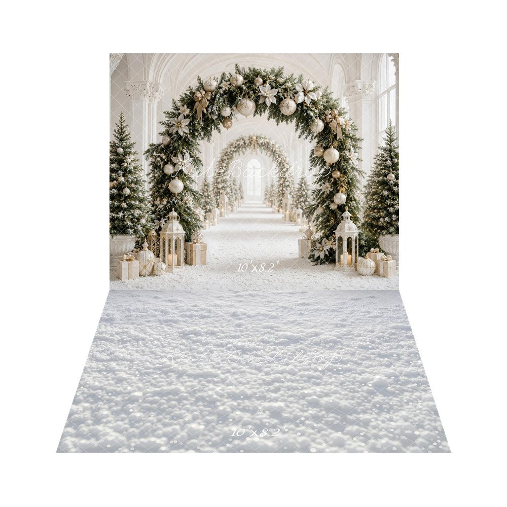 Kate Christmas Flower Archway White Gold Trees Lanterns Gifts Columns Printed Backdrop+Snow White Texture Floor Printed Backdrop
