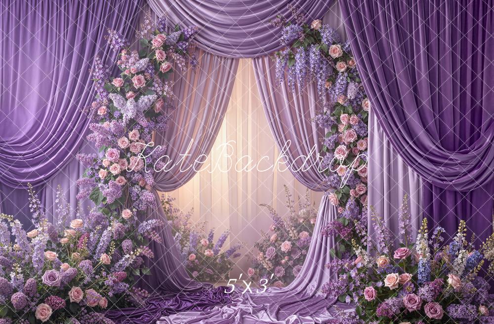 Kate Spring Purple Drapes Flower Arch Printed Backdrop Designed by Emetselch