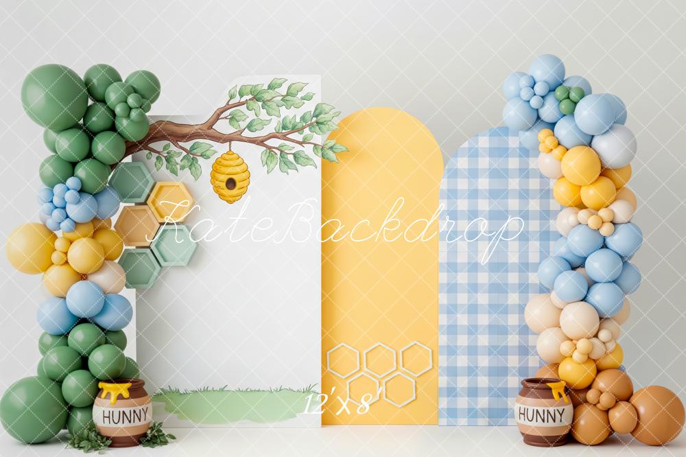 Kate Cake Smash Honey Bee Tree Honeycomb Balloons Printed Backdrop Designed by Patty Roberts