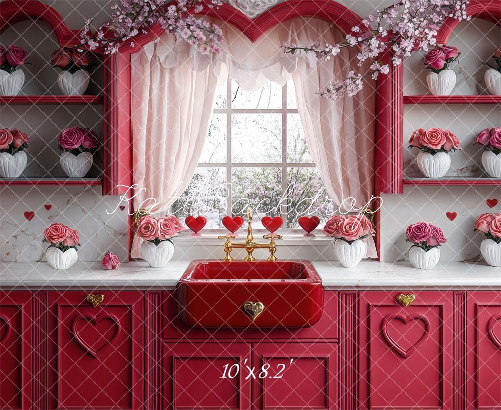 Kate Valentine's Red Heart Kitchen Roses Backdrop Designed by Mini MakeBelieve