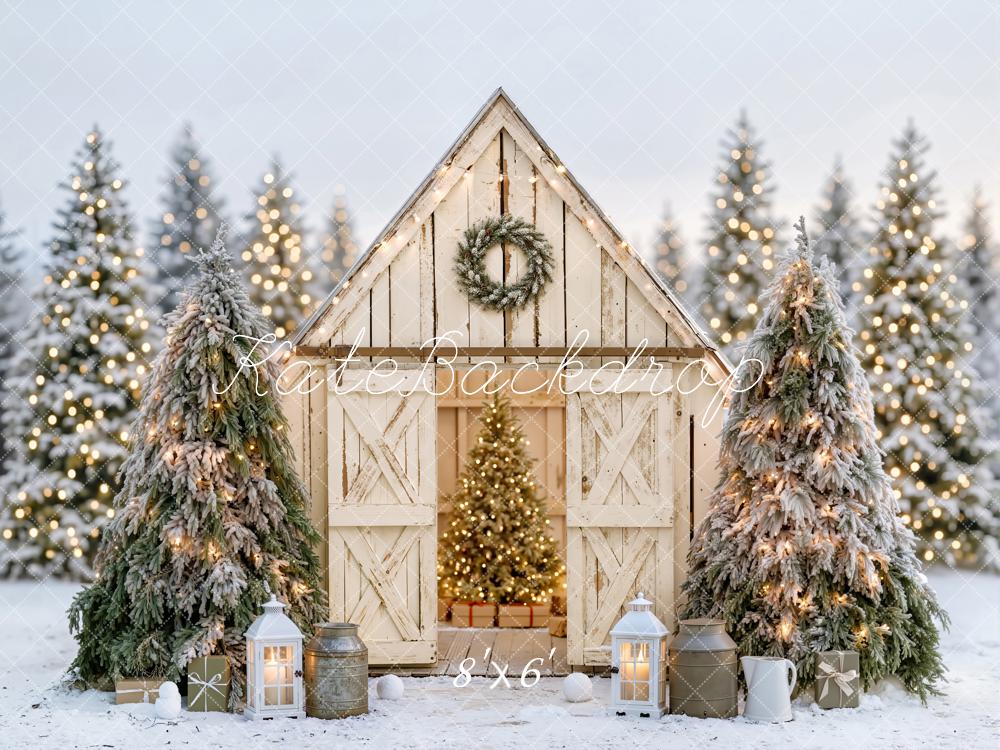Kate Christmas Rustic White Barn Snowy Forest Lanterns Printed Backdrop Designed by Emetselch