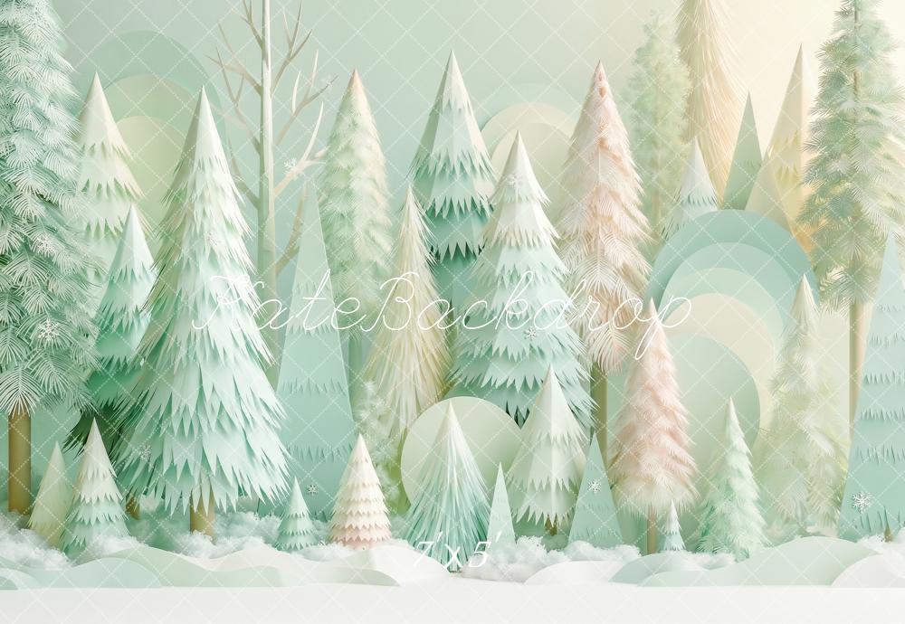 Kate Winter Layered Paper Green Christmas Trees Forest Kids Printed Backdrop Designed by Angela Miller