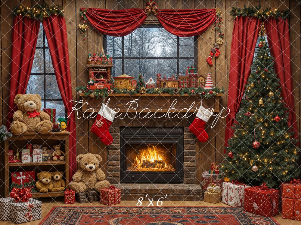 Kate Christmas Tree Fireplace Teddy Bear Toys Gifts Backdrop Designed by Emetselch