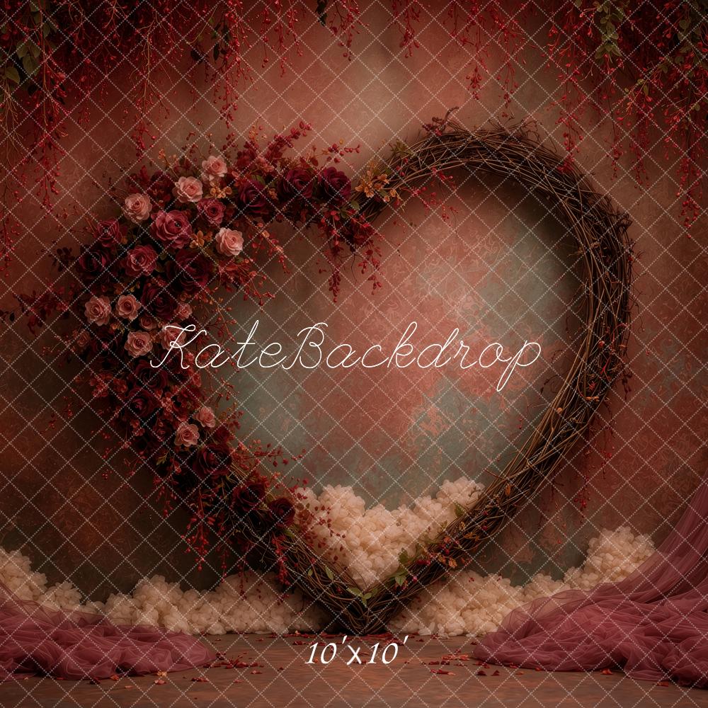 Kate Valentine's Day Burgundy Floral Heart Wreath Printed Backdrop Designed by Ashley Ward