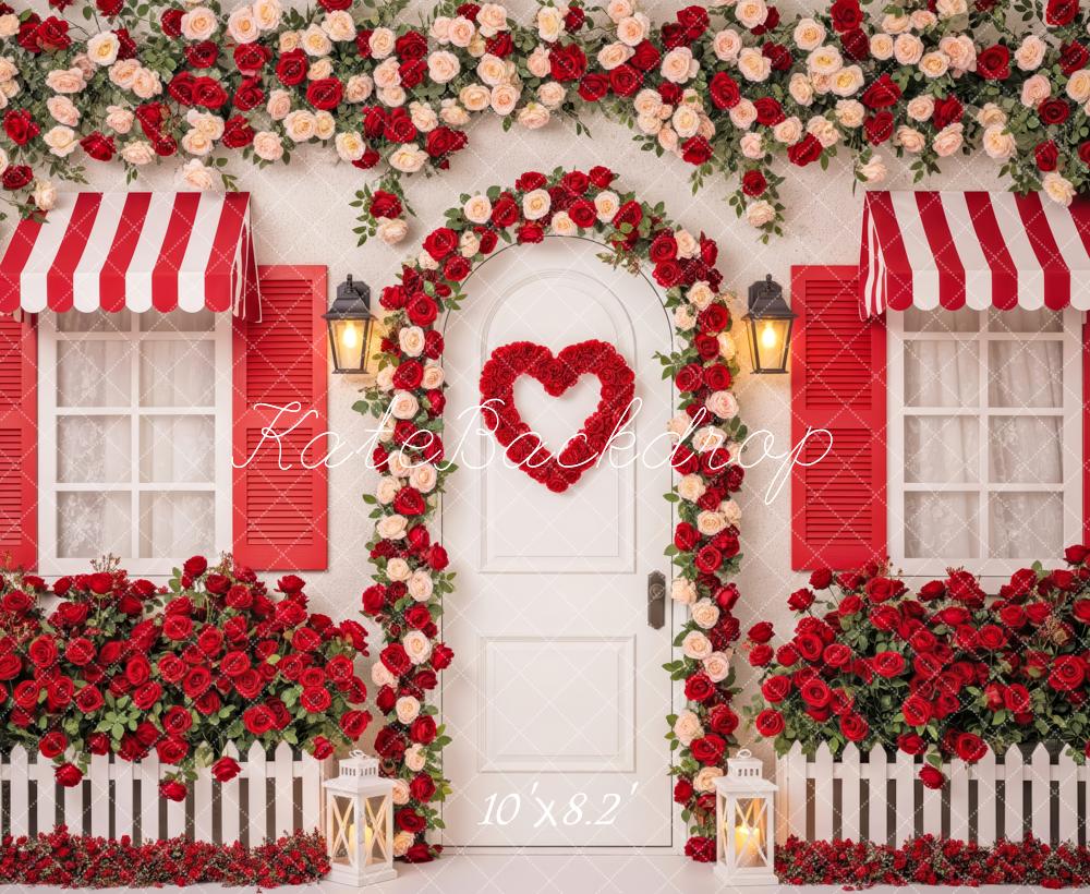 Kate Valentine's Day Red Roses Heart Door House Printed Backdrop Designed by Patty Roberts