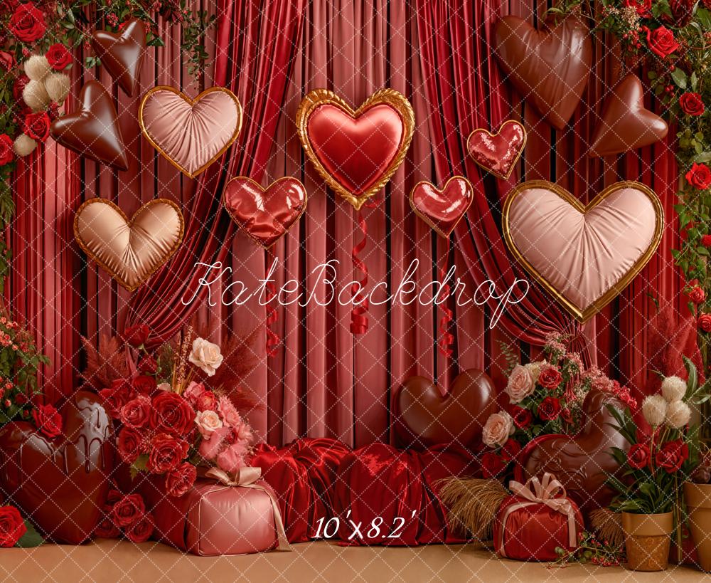 Kate Valentine's Day Heart Balloons Red Roses Curtains Backdrop Designed by Emetselch