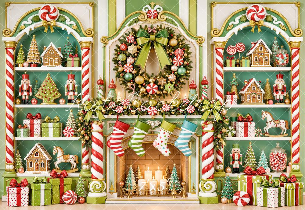 Kate Christmas Fireplace Fantasy Green Toys Shelves Candy Cane Wreath Printed Backdrop Designed by Emetselch