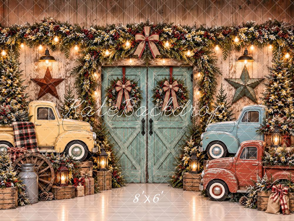 Lightning Deal Kate Christmas Vintage Trucks Barn Door Wreaths Garland Rustic Printed Backdrop Designed by Laura Bybee
