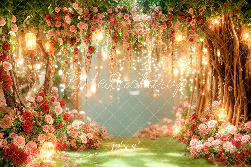 Kate Valentines Romantic Flower Arch Trees Fairy Lights Printed Backdrop Designed by Emetselch