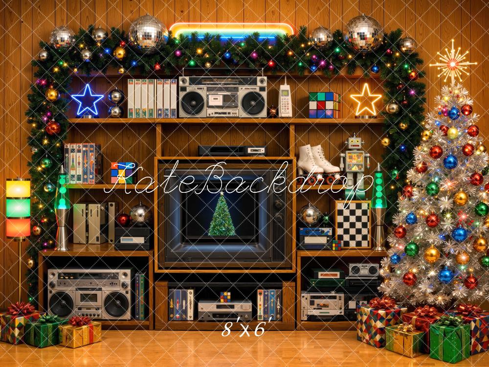 Kate Christmas Retro 80s Wall Shelf Christmas Tree Disco Ball Printed Backdrop Designed by Mini MakeBelieve