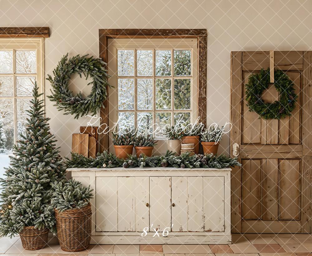Kate Christmas Neutral Pine Tree Wreath Vintage Door Cabinet Backdrop Designed by Emetselch