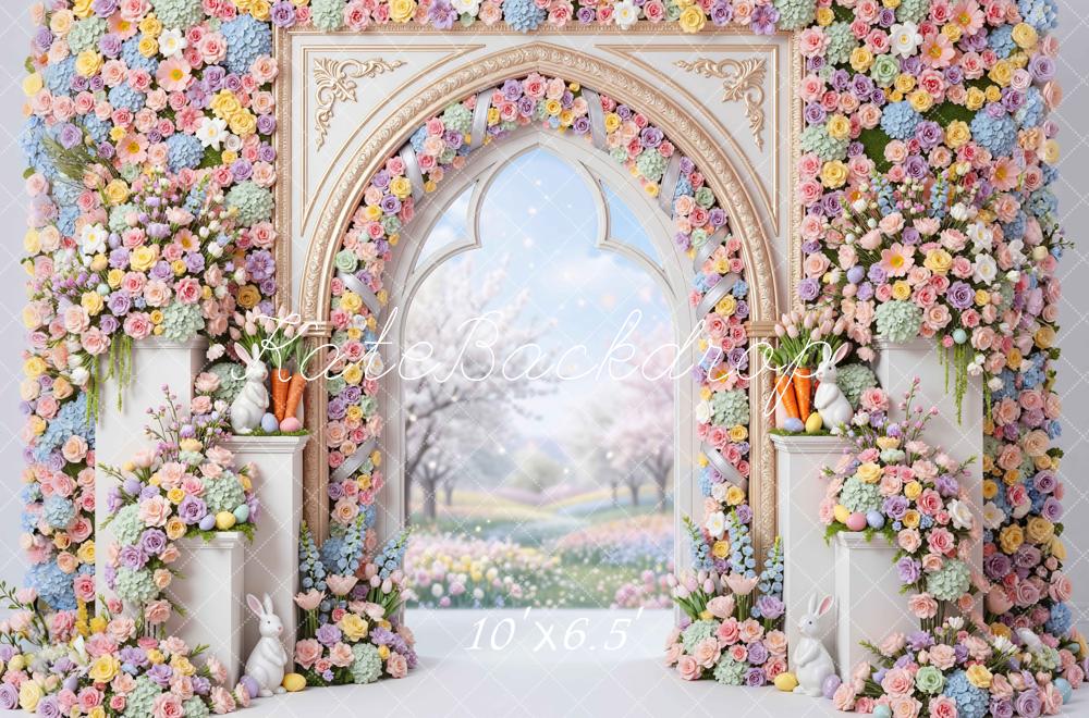 Kate Easter Bunny Flower Arch Pastel Garden Printed Backdrop Designed by Mini MakeBelieve