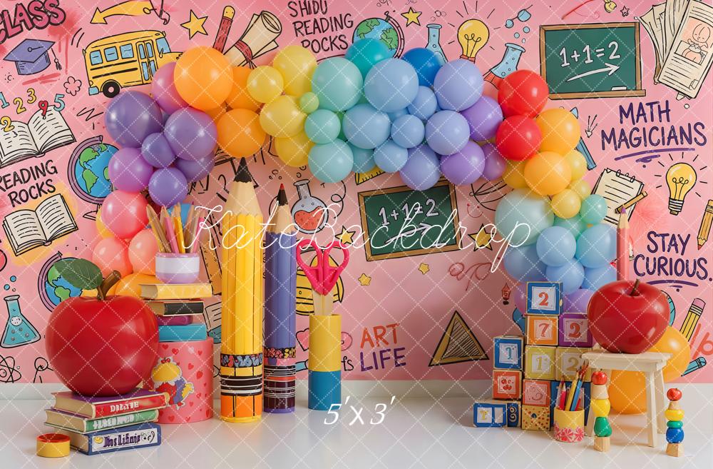 Kate Back to School Rainbow Balloon Pencil Apple Books Printed Backdrop Designed by Emetselch
