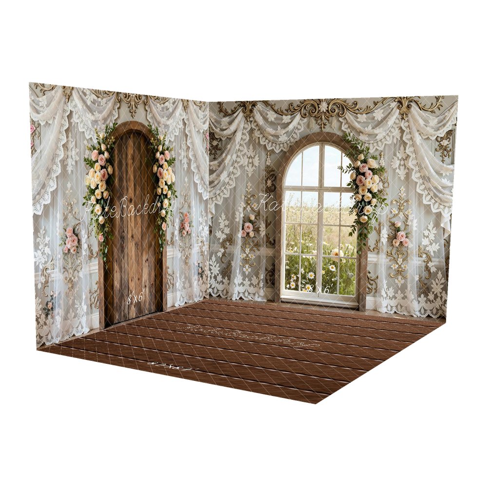 Kate Spring Arched Window Floral Lace Drapes Backdrop Room Set