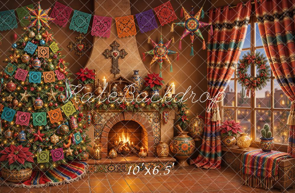 Kate Mexican Christmas Tree Fireplace Papel Picado Curtains Printed Backdrop Designed by Emetselch