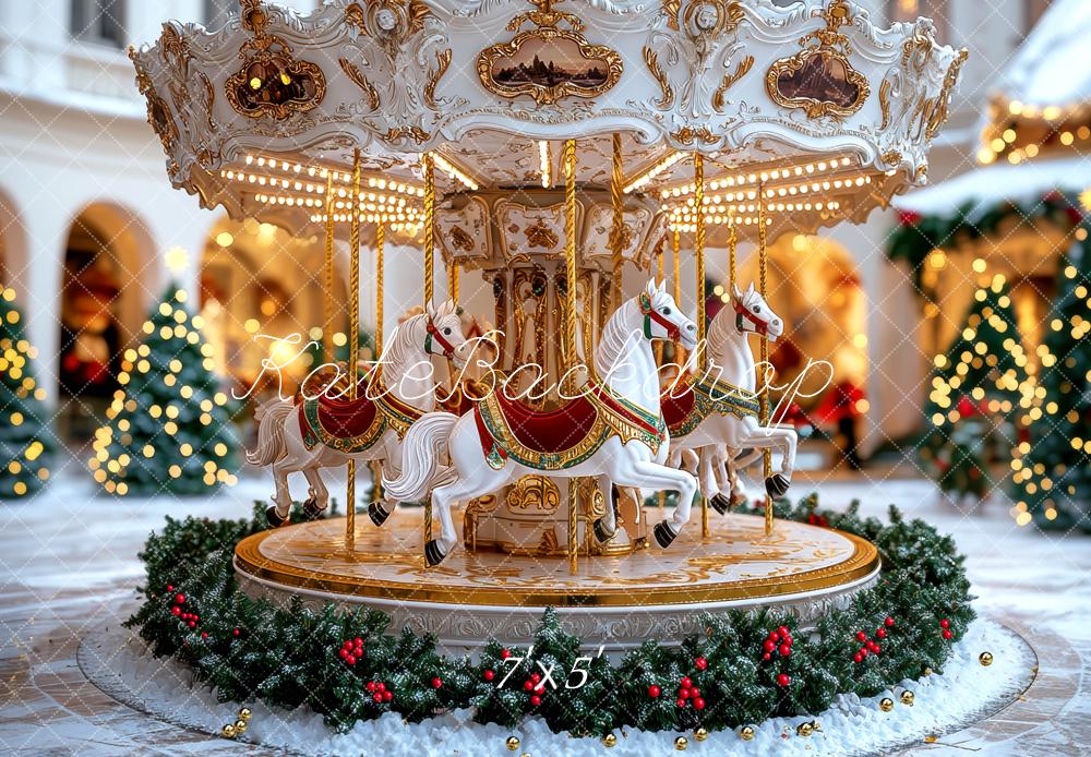 Kate Christmas Carousel Horses Garland Snow Exterior Backdrop Designed by Mini MakeBelieve
