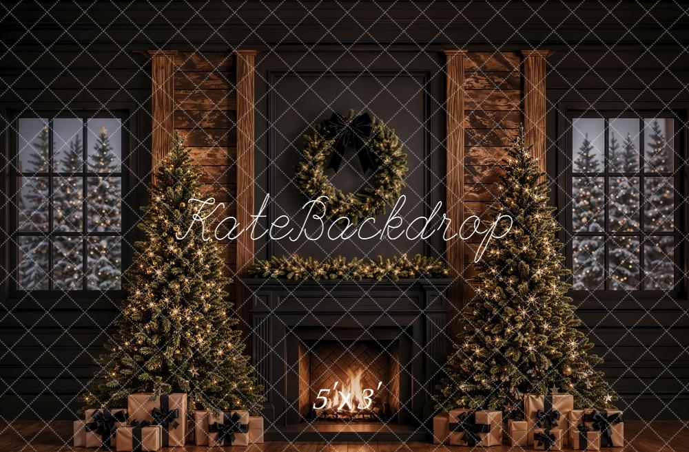 Kate Christmas Fireplace Christmas Trees Wreath Garland Presents Black Printed Backdrop Designed by Emetselch