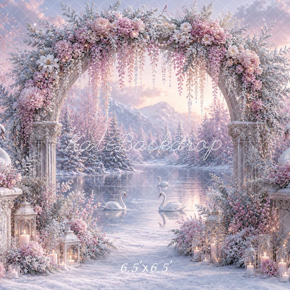 Kate Winter Wonderland Lavender Flower Arch Swan Lake Printed Backdrop Designed by Ashley Paul