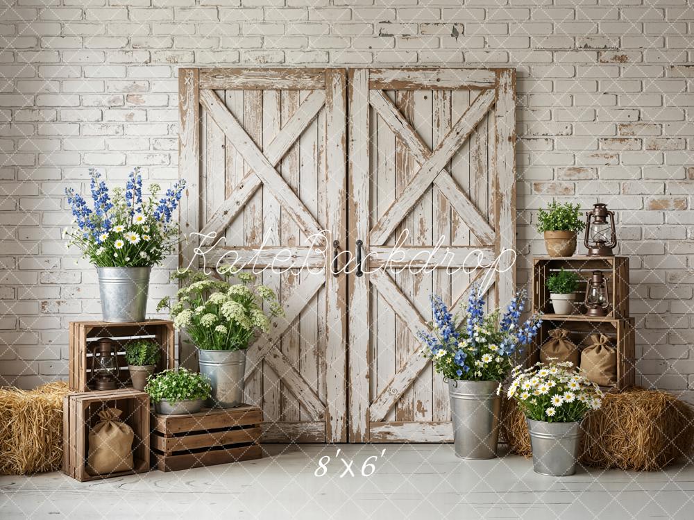 Kate Spring Rustic Barn Doors Crates Flowers Hay White Brick Wall Backdrop Designed by Emetselch
