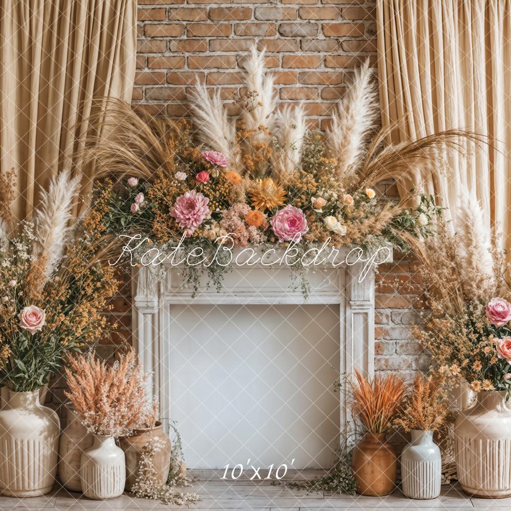 Boho Floral Fireplace Curtain Beige Foto Achtergrond Designed by Emetselch