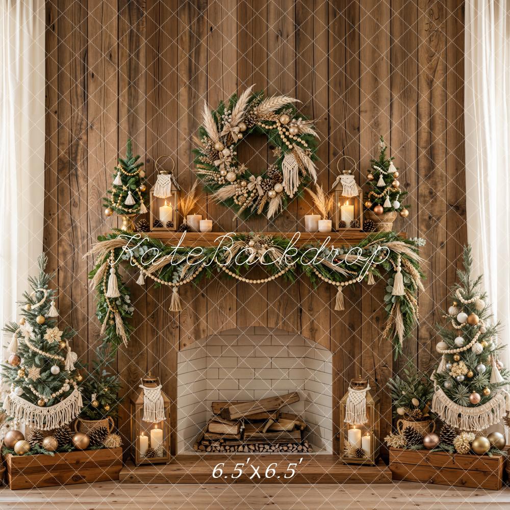 Kate Christmas Rustic Wood Fireplace Boho Wreath Garland Trees Printed Backdrop Designed by Emetselch