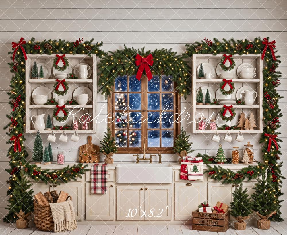 Kate Christmas Kitchen Farmhouse Window Garland White Printed Backdrop Designed by Patty Roberts
