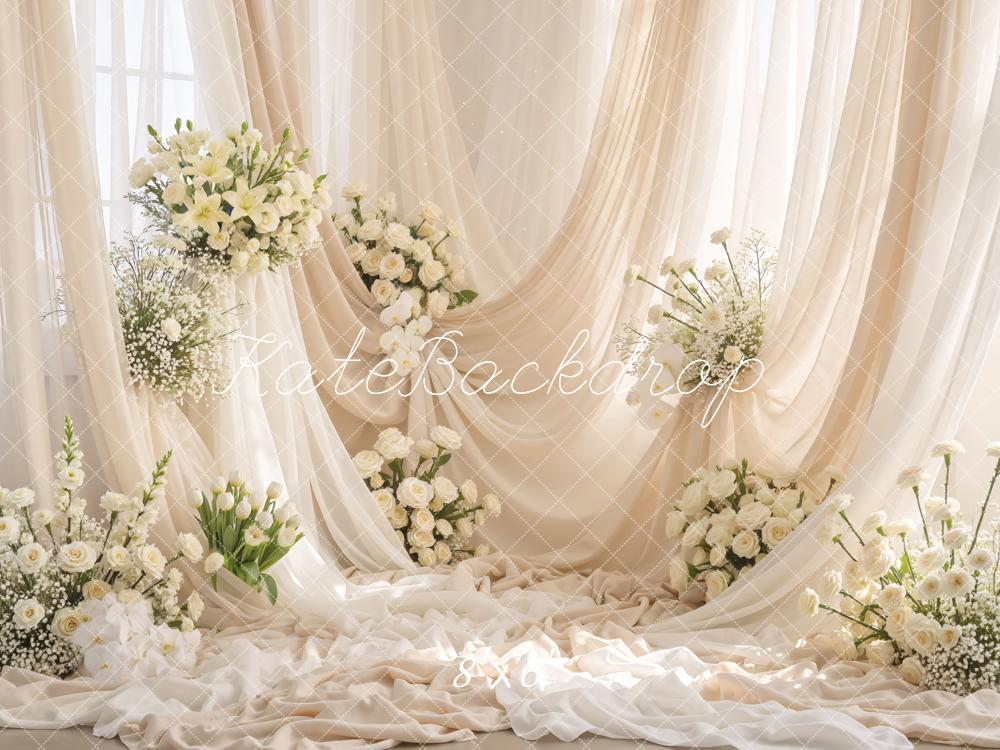 Kate Wedding Cream Drapes White Flowers Printed Backdrop Designed by Mini MakeBelieve