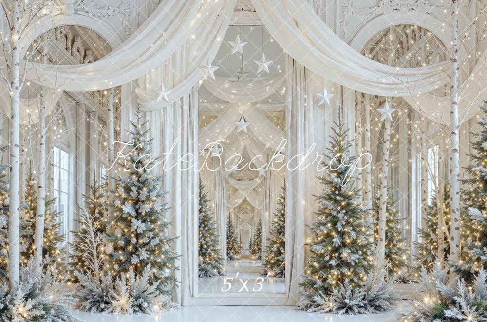 Kate Christmas Mansion Snowy Trees White Draped Curtains Stars Printed Backdrop Designed by Mini MakeBelieve
