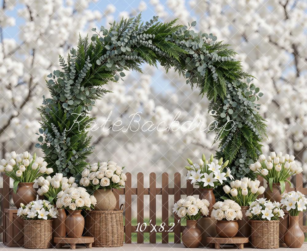 Kate Spring Flower Arch White Tulips Roses Wicker Basket Fence Spring Backdrop Designed by Mini MakeBelieve