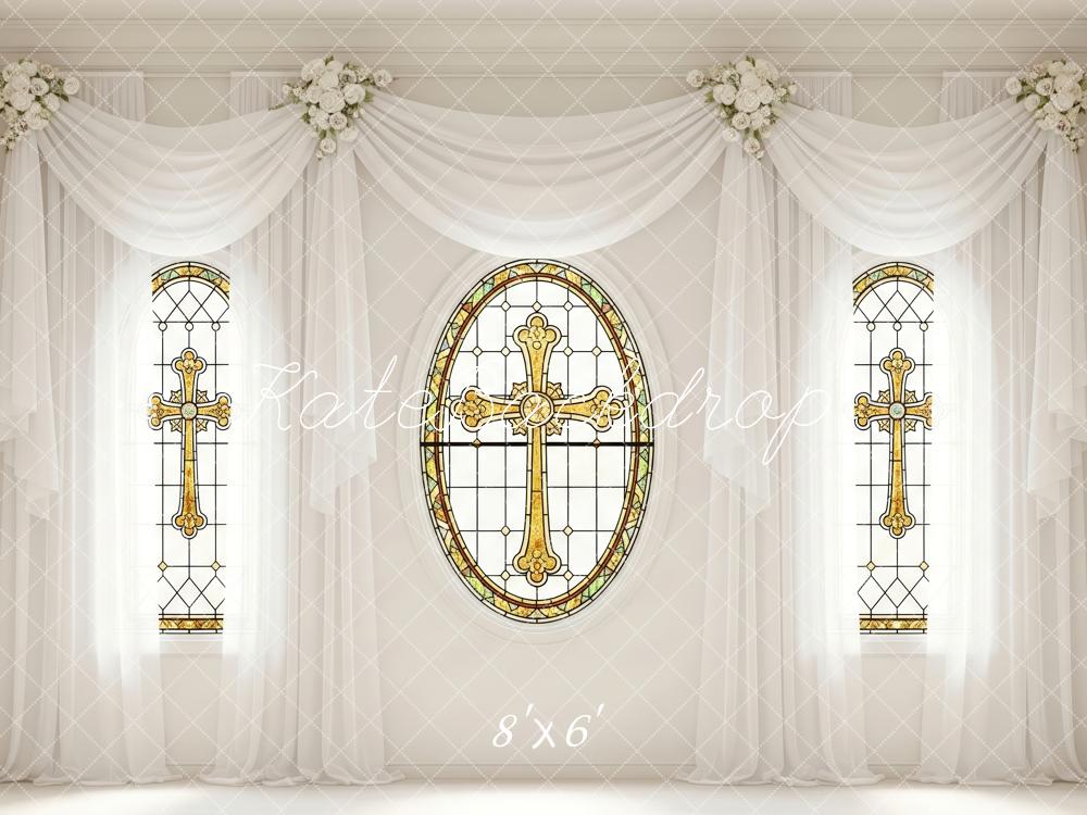 Kate Stained Glass Cross Window White Drapes Floral Backdrop Designed by Patty Roberts