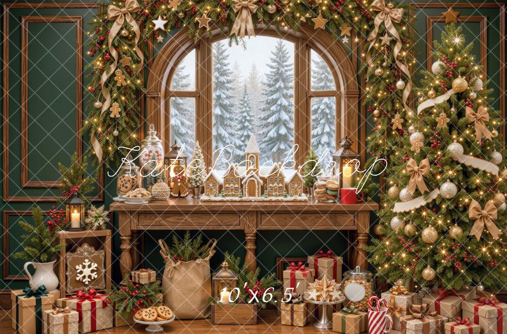 Kate Christmas Tree Arched Window Gingerbread Gifts Printed Backdrop Designed by Mini MakeBelieve