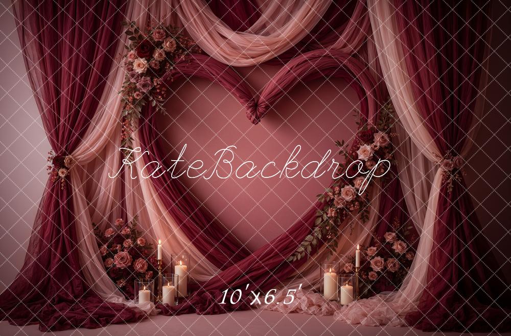 Kate Valentine's Day Burgundy Drapes Floral Heart Cozy Printed Backdrop Designed by Ashley Ward