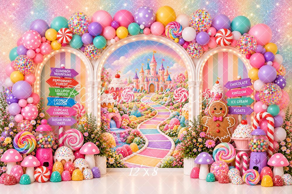 Kate Cake Smash Fantasy Candy Castle Lollipop Gingerbread Balloon Arch Printed Backdrop Designed by Ashley Paul