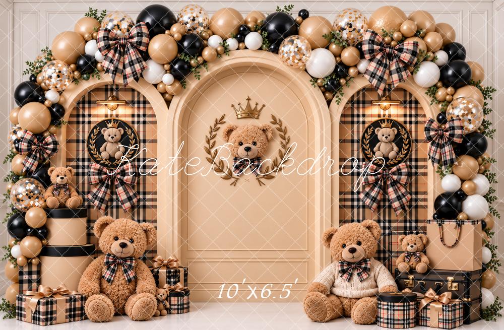 Kate Cake Smash Beige Teddy Bear Plaid Balloon Arch Printed Backdrop Designed by Ashley Paul
