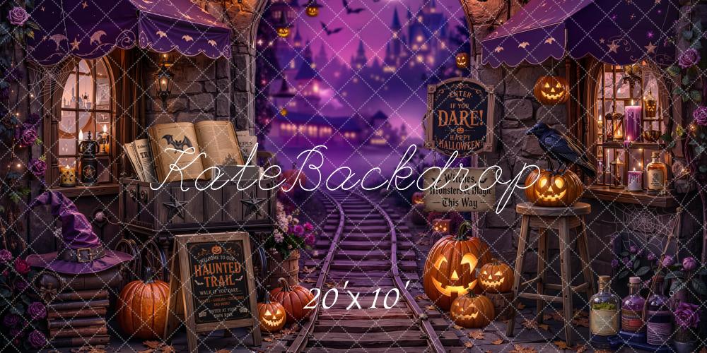 Kate Halloween Purple Haunted Train Station Witch Printed Backdrop Designed by Chain Photography