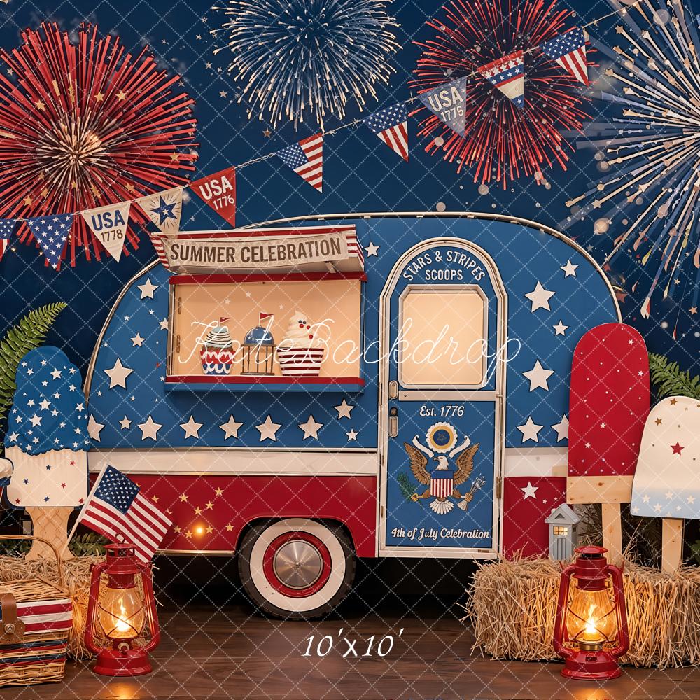 Kate 4th of July Ice Cream Truck Fireworks Patriotic Treats Printed Backdrop Designed by Emetselch