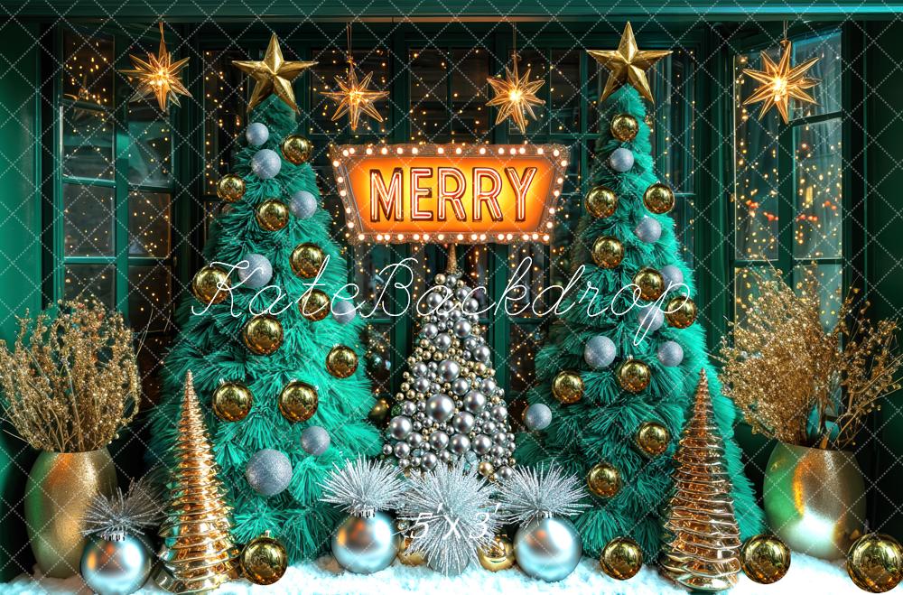 Kate Christmas Trees Gold Ornaments Window Lights Green Backdrop Designed by Mini MakeBelieve