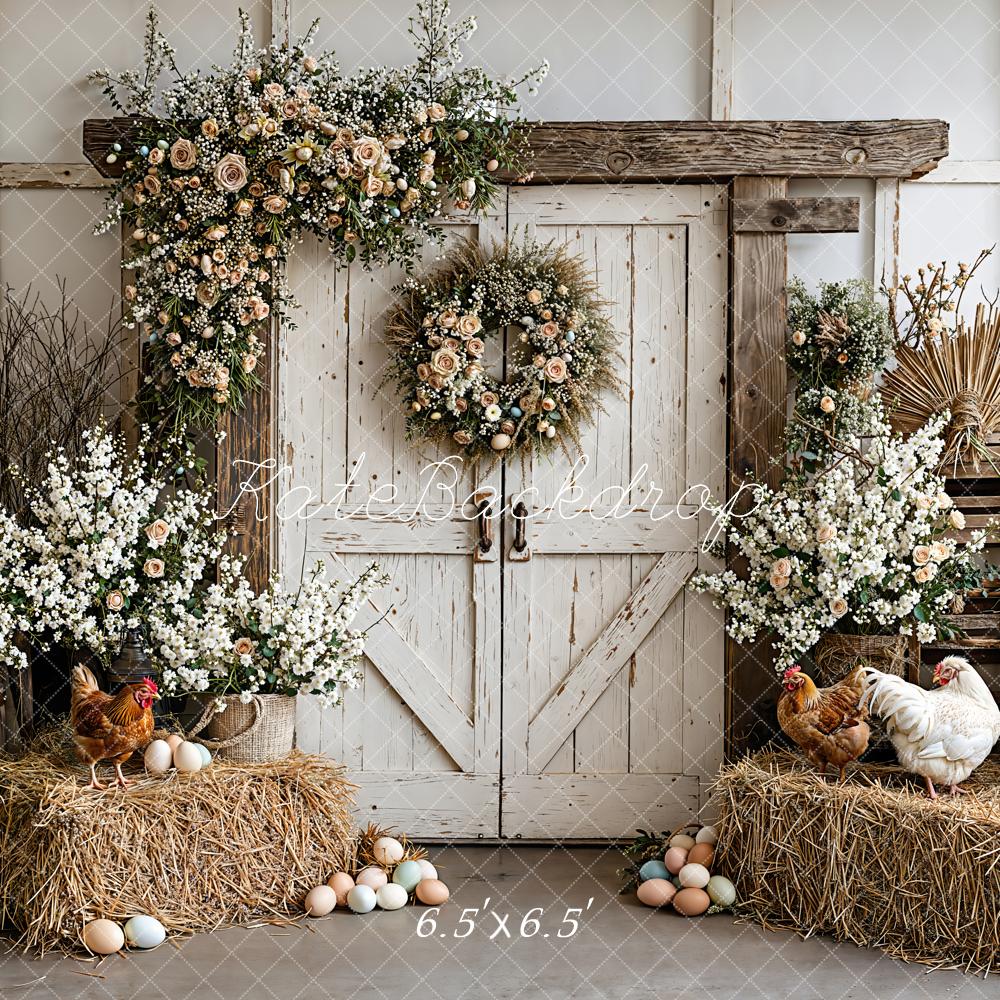 Kate Easter Rustic Barn Flowers Hay Eggs Printed Backdrop Designed by Emetselch