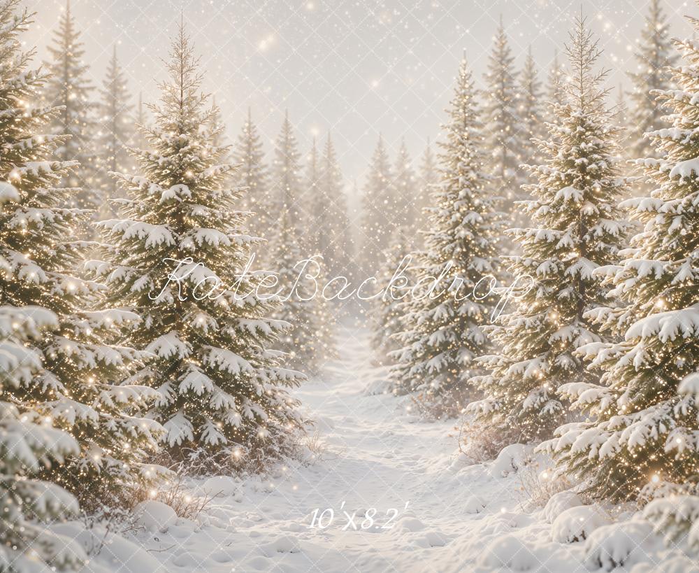 Kate Winter Snowy Pine Forest Sparkling Path Printed Backdrop Designed by Emetselch