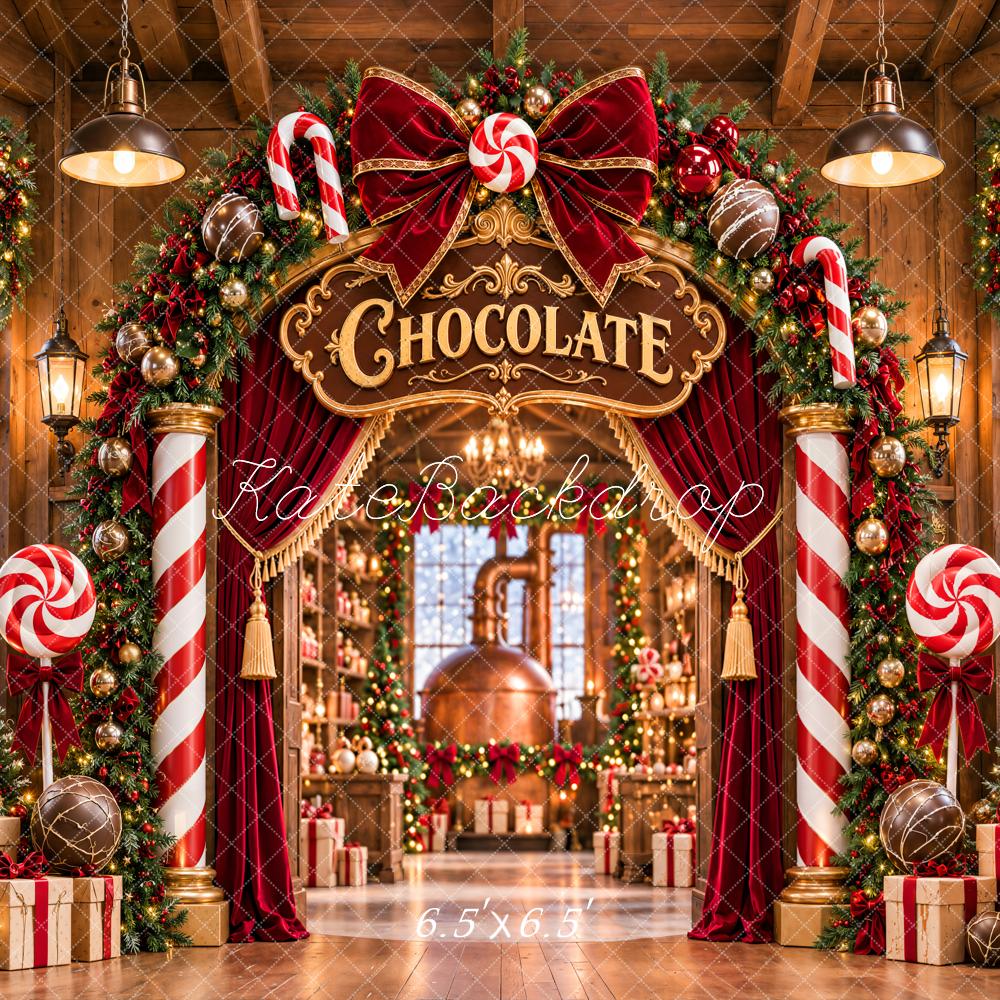 Kate Christmas Chocolate Factory Candy Cane Arch Bow Printed Backdrop Designed by Emetselch