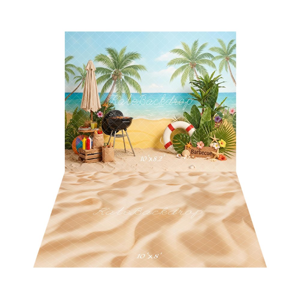 Kate Summer Beach Palm Trees Barbecue Umbrella Flowers Lifebuoy Printed Backdrop+Beach Sand Floor Printed Backdrop