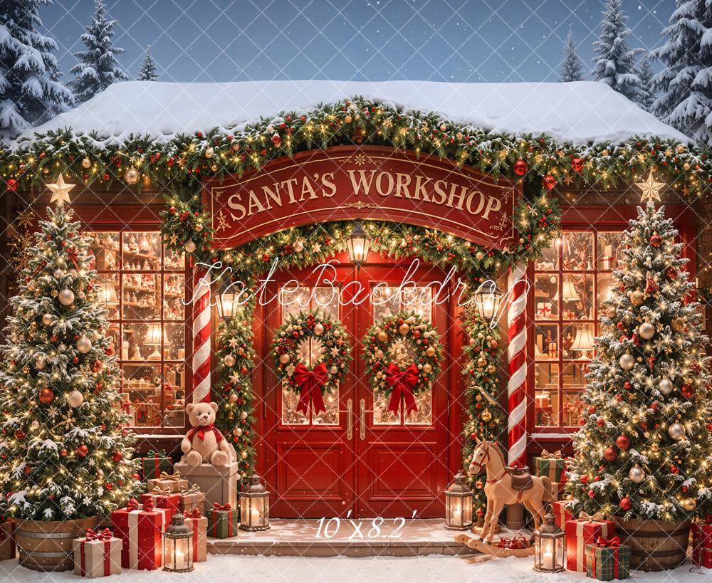 Kate Christmas Santa's Workshop Red Door Trees Presents Printed Backdrop Designed by Emetselch