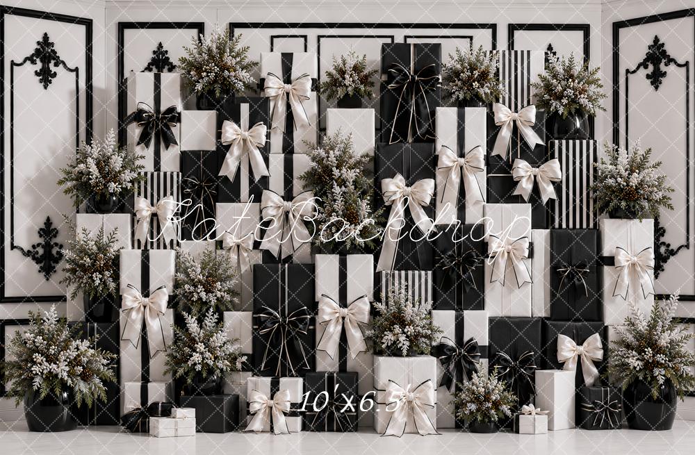 Kate Black White Gift Box Floral Wall Printed Backdrop Designed by Ashley Paul