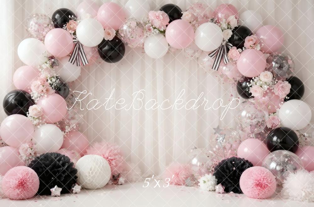 Kate Cake Smash Pink Black White Balloon Flower Arch Printed Backdrop Designed by Vertigo Productions