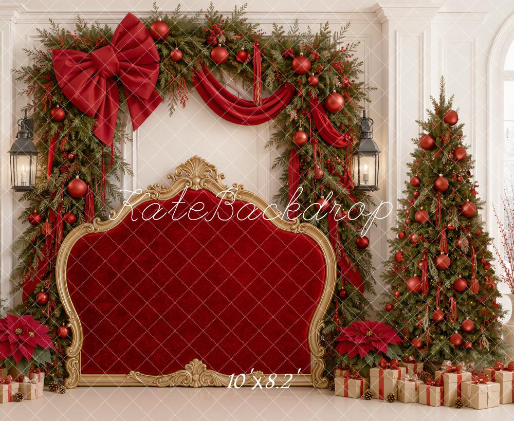 Kate Christmas Headboard Red Velvet Bow Garland Trees Printed Backdrop Designed by Emetselch