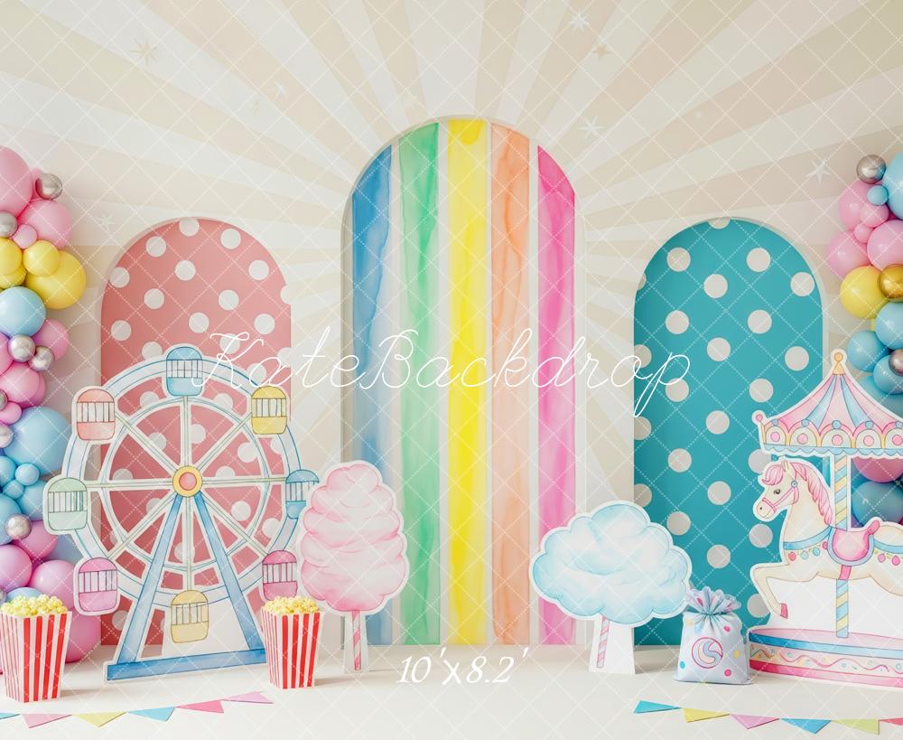 Kate Cake Smash Carnival Ferris Wheel Carousel Rainbow Balloons Printed Backdrop Designed by Patty Roberts